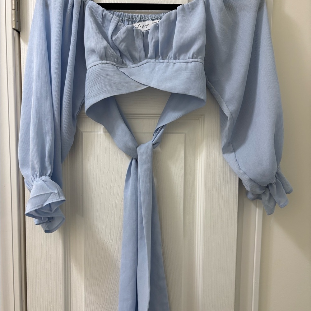 Petal & Pup Blue Puff Sleeve Tie Front Blouse